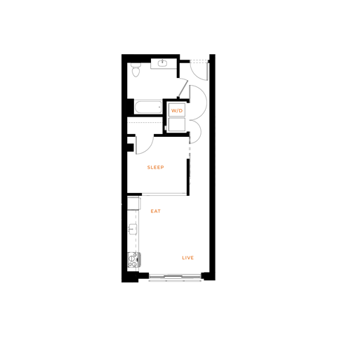 Floor plan for 1 bed, 1 bath, 517 sqft